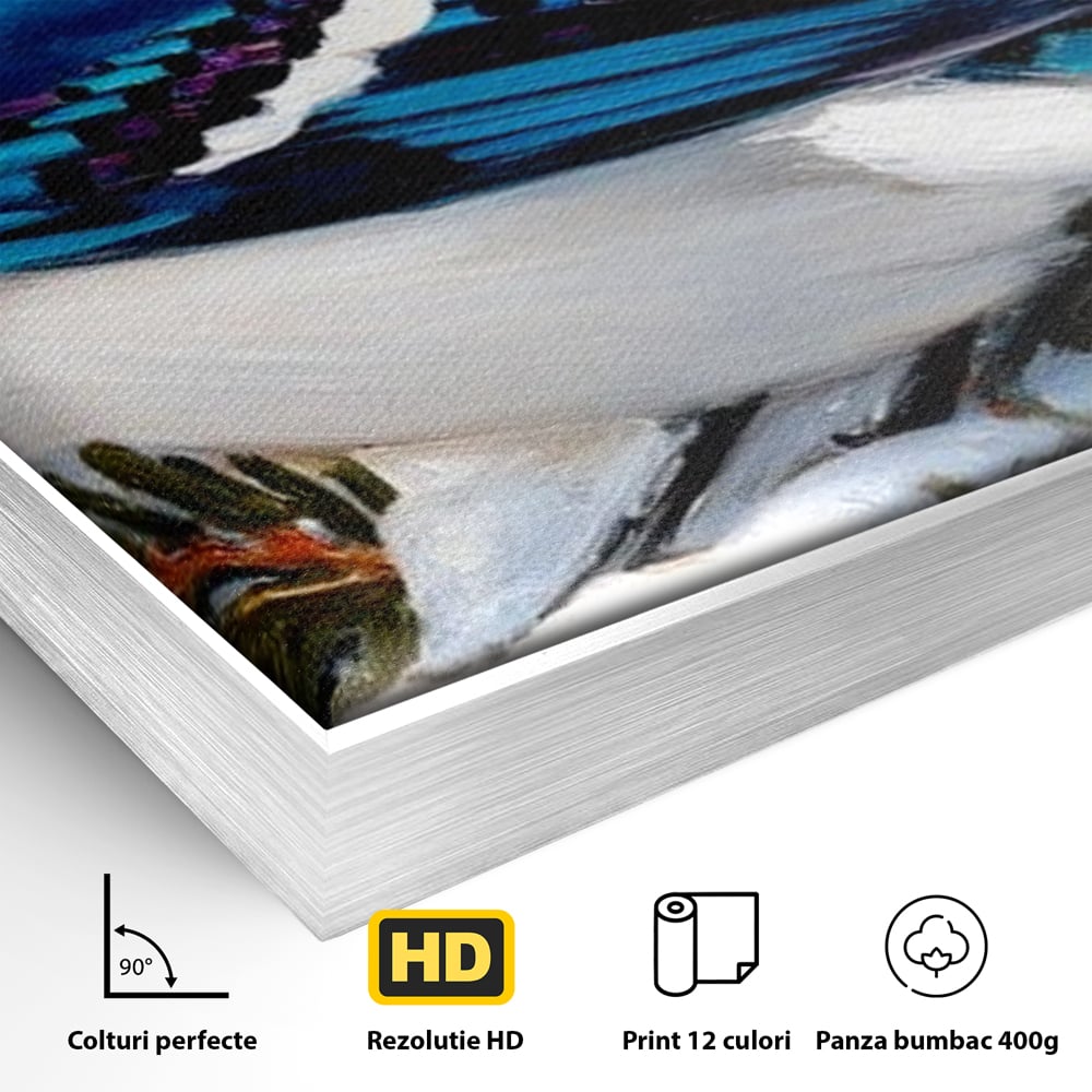 Detaliu al suprafetei: tablou canvas cu o gaiet albastra pe creanga inzapezita, in rama de aluminiu argintiu